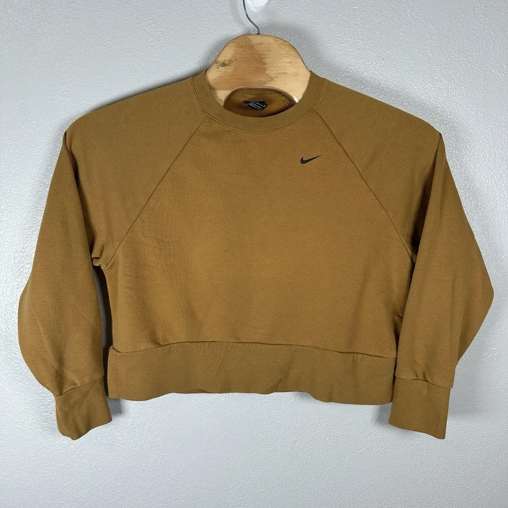 Nike Fleece Crewneck Cropped Sweatshirt Womens Medium Gold Mustard Cutout Back